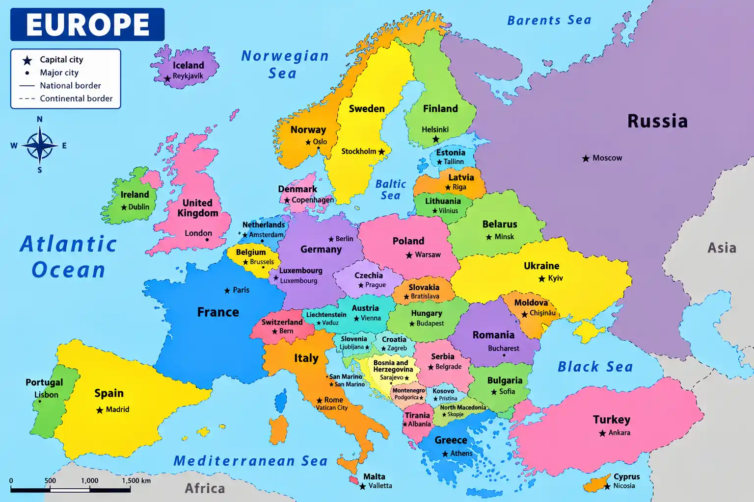 Infographic map of Europe with key statistics