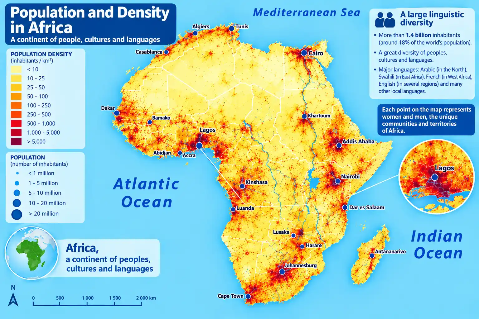 Map of population and density in Africa