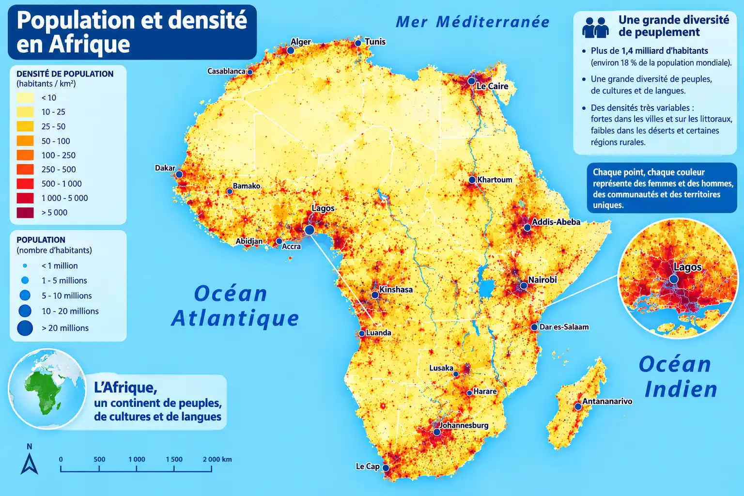 Carte de la population et densité en Afrique