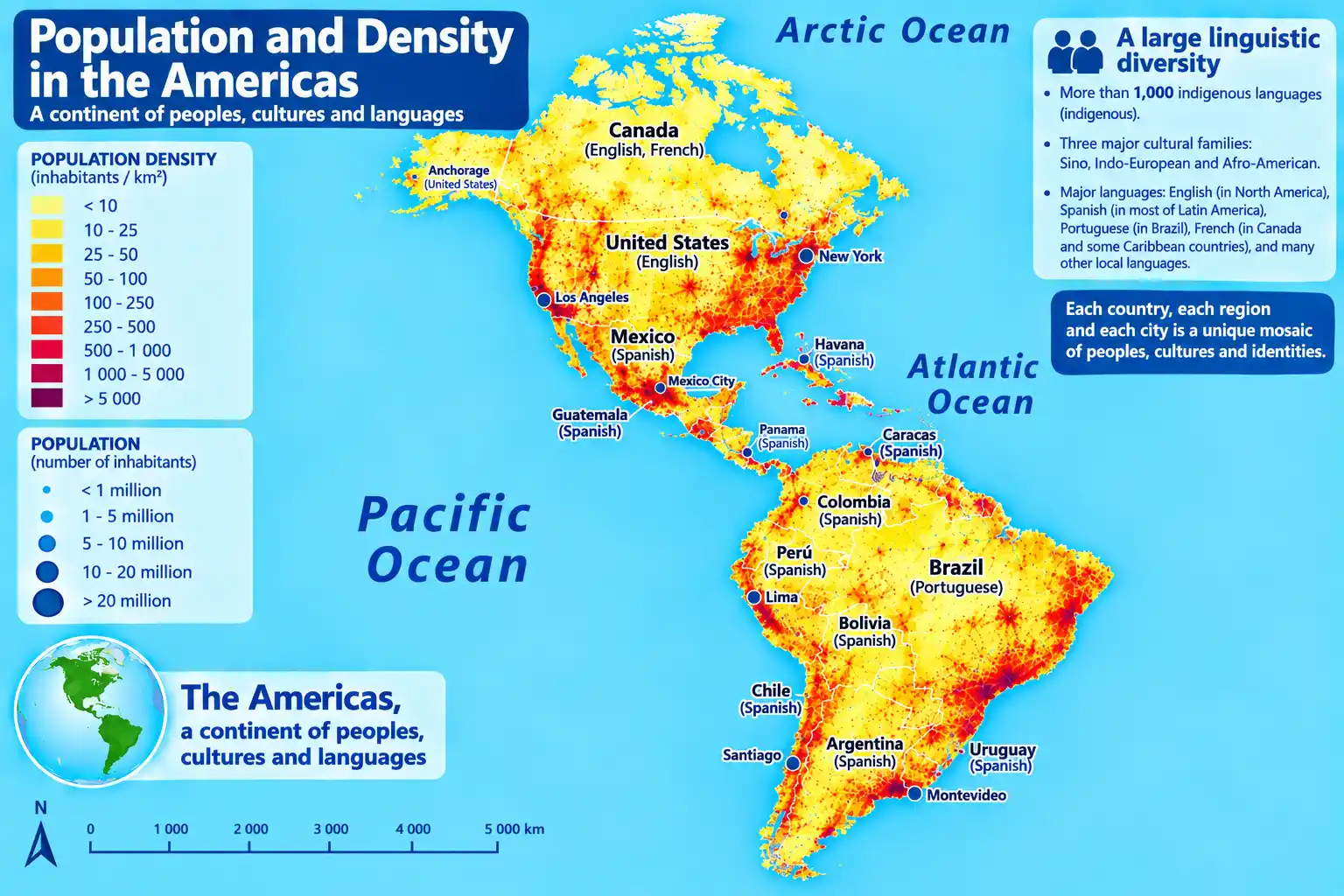 Map of population and density in the Americas