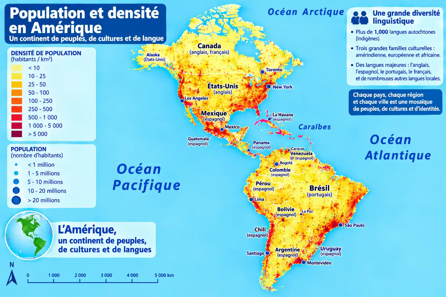 Carte de la population et densité en Amérique