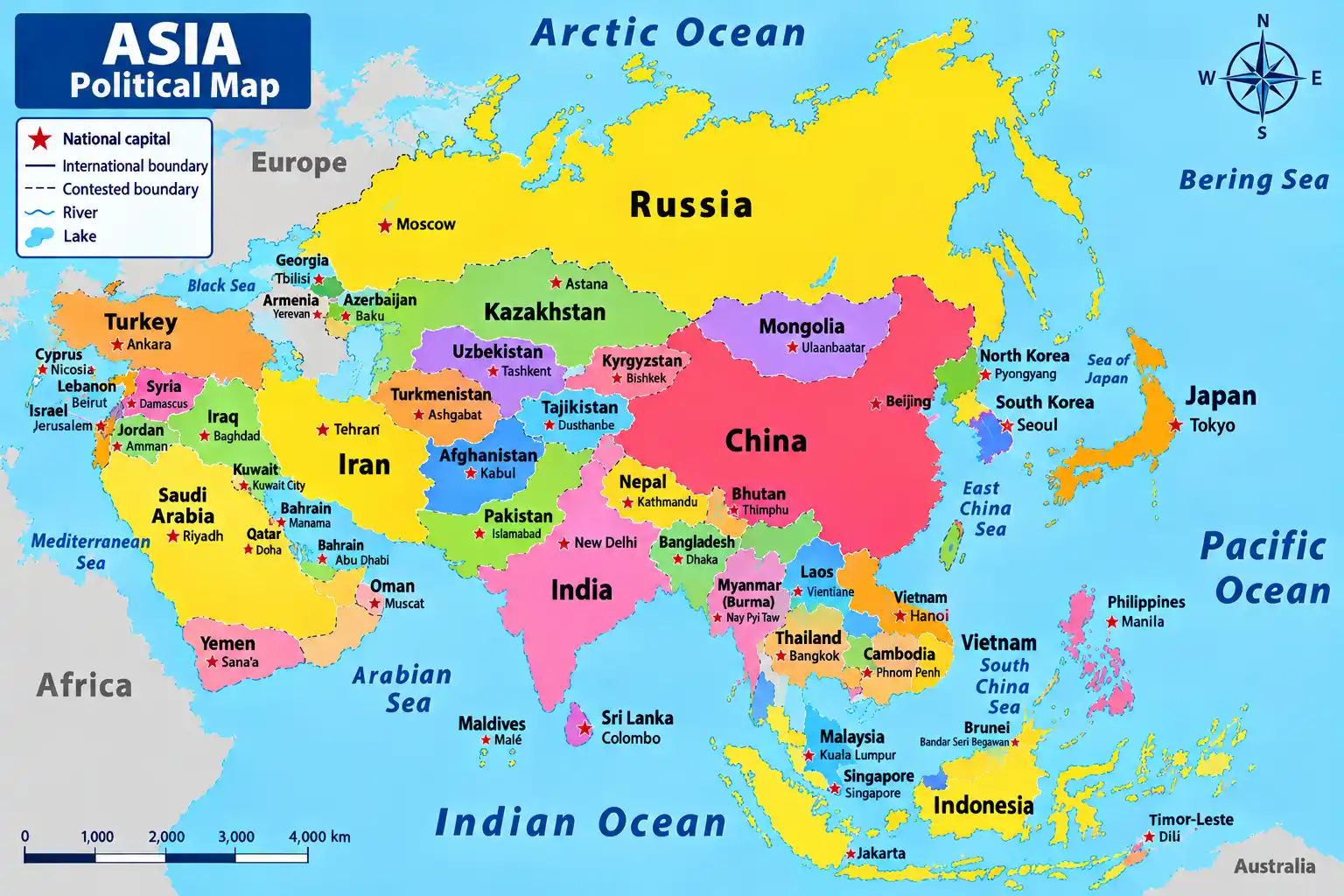 Infographic map of Asia with key statistics