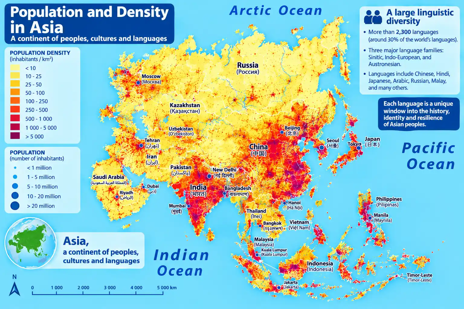 Map of population and density in Asia