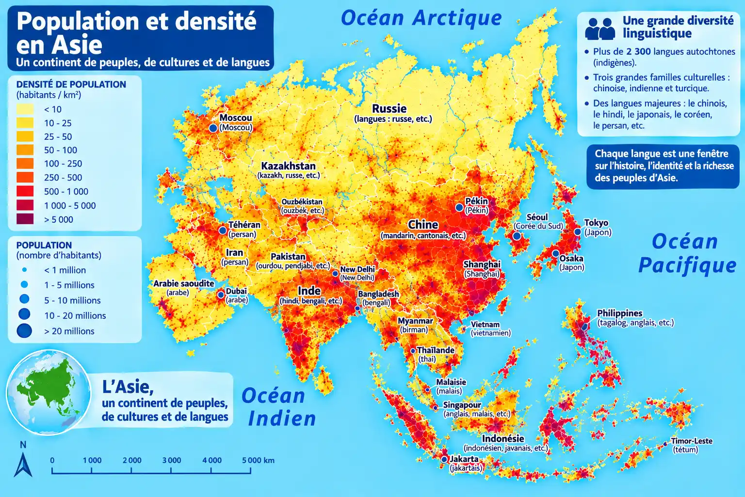 Carte de la population et densité en Asie