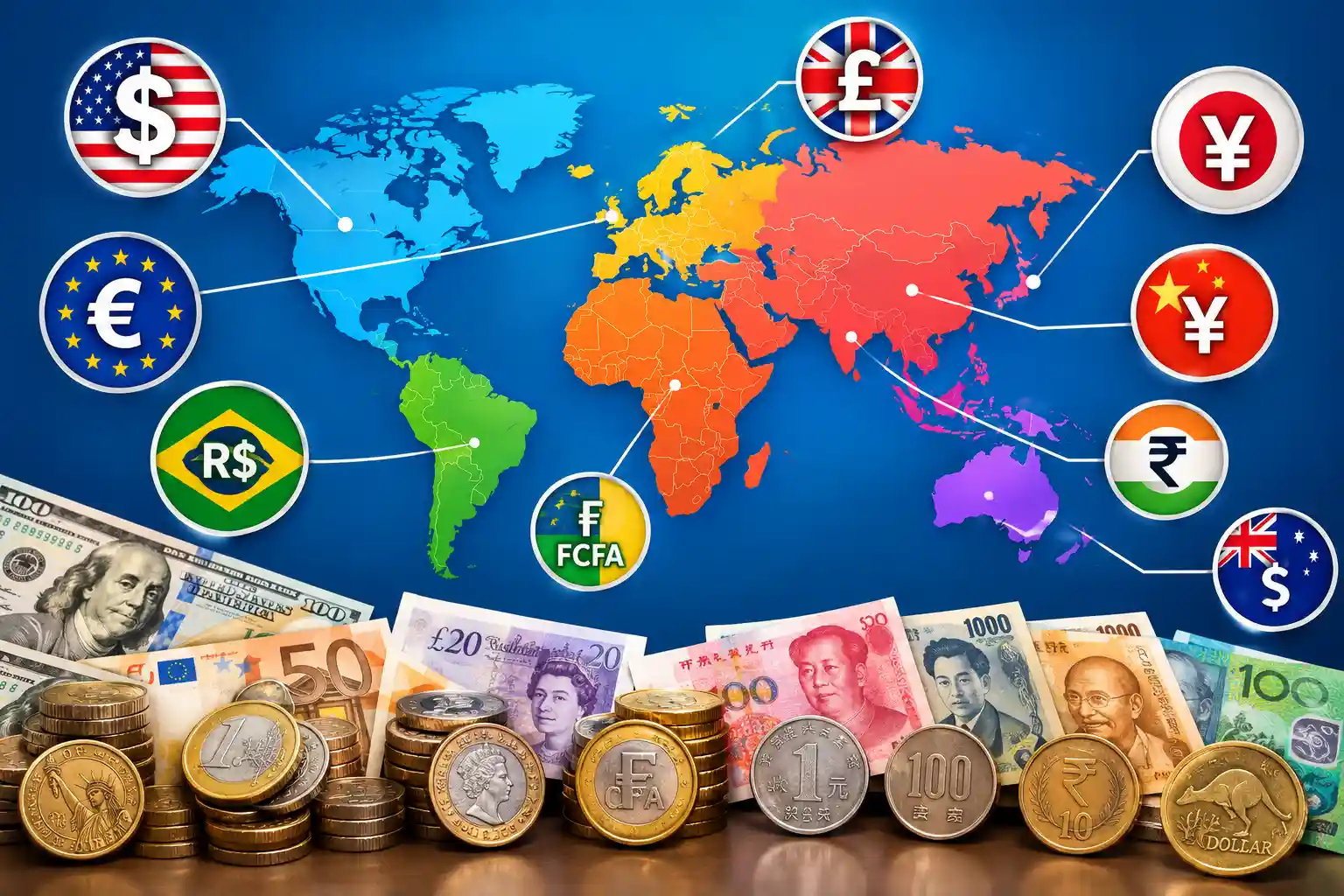 Infographic map of world currencies