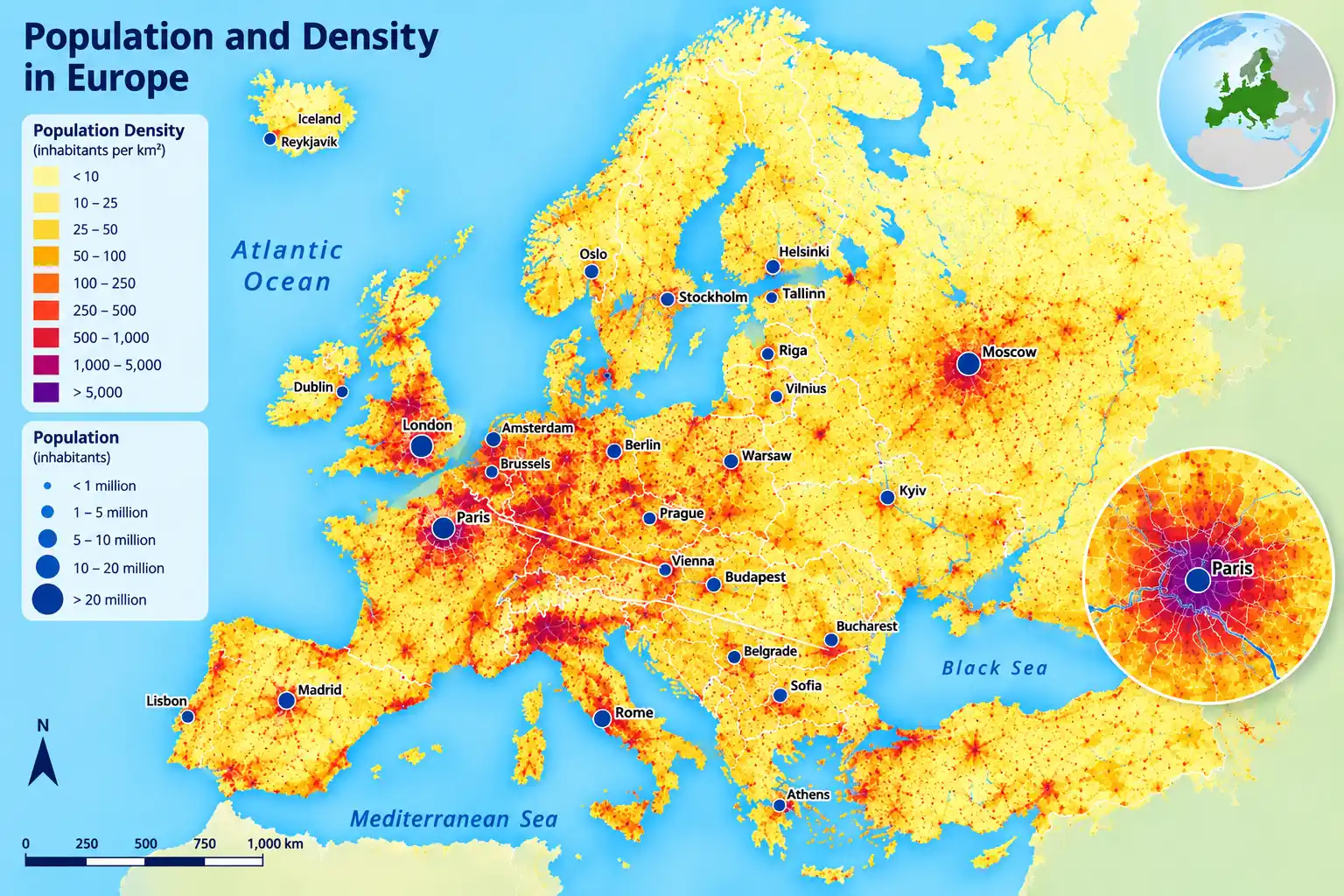 Map of population and density in Europe