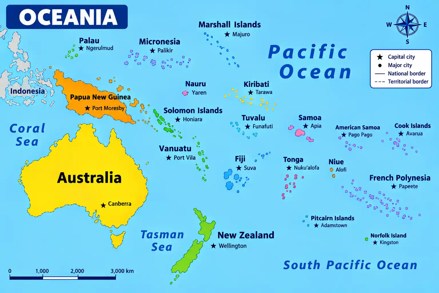 Infographic map of Oceania with key statistics