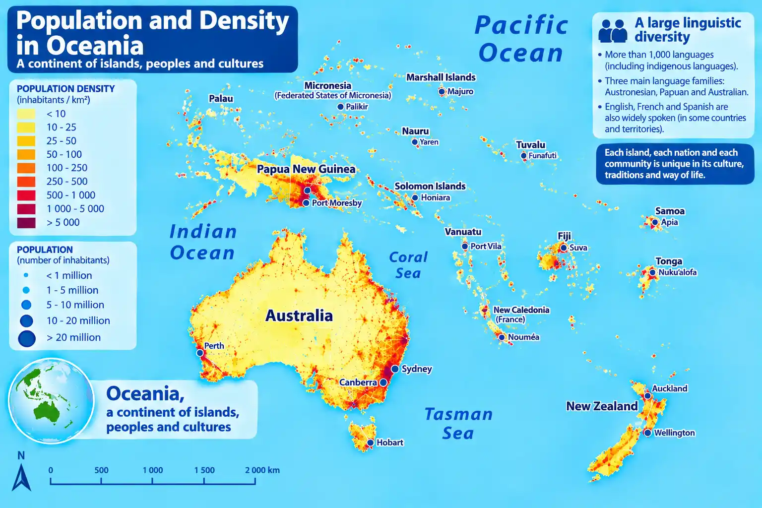 Map of population and density in Oceania