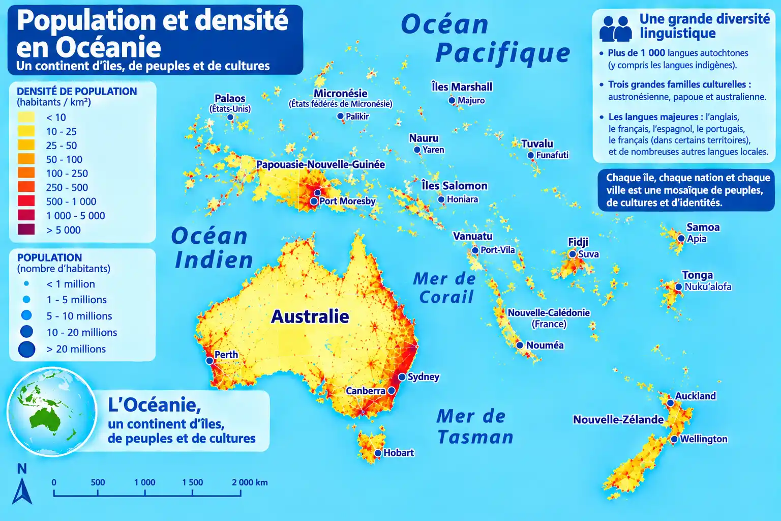 Carte de la population et densité en Océanie