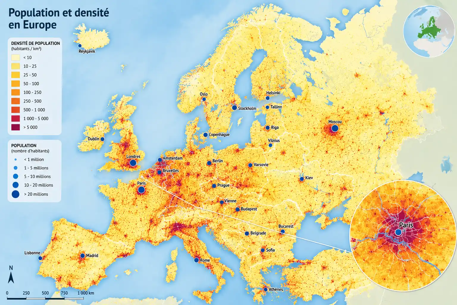 Map of population and density in Europe