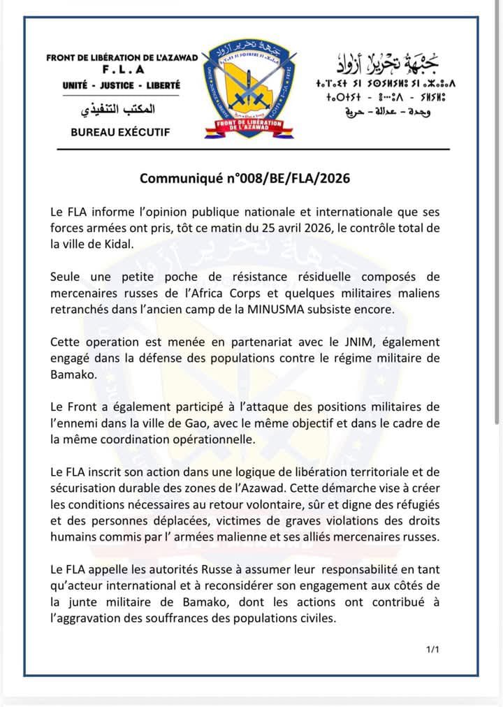 Accord Russie-FLA au Mali retrait Africa Corps Kidal