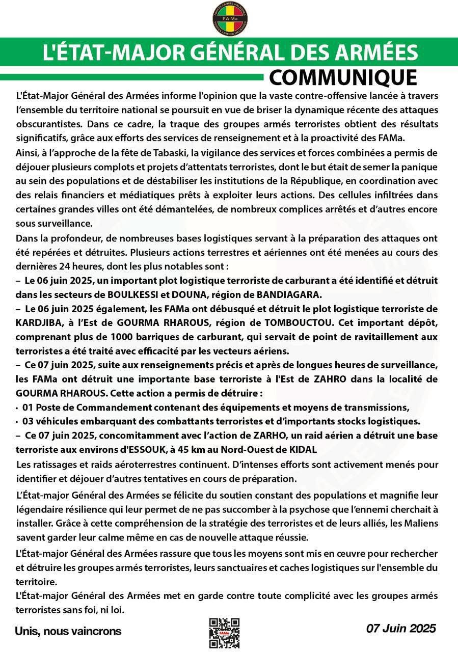 Communiqué de l'armée malienne sur les représailles