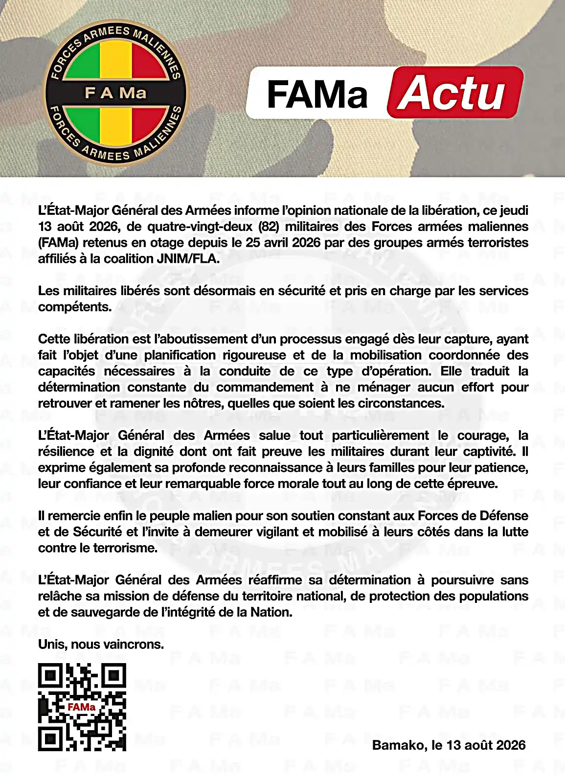 Libération des 82 soldats FAMA après les négociations avec le JNIM et le FLA au Mali