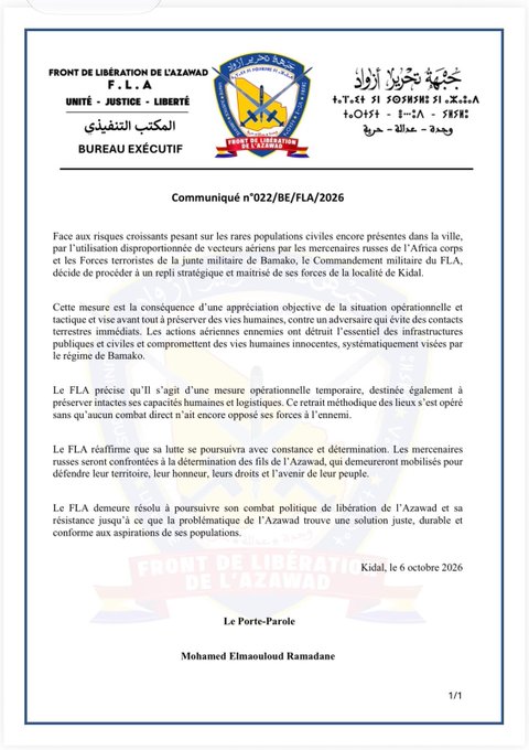 Repli stratégique du FLA de la ville de Kidal au Mali